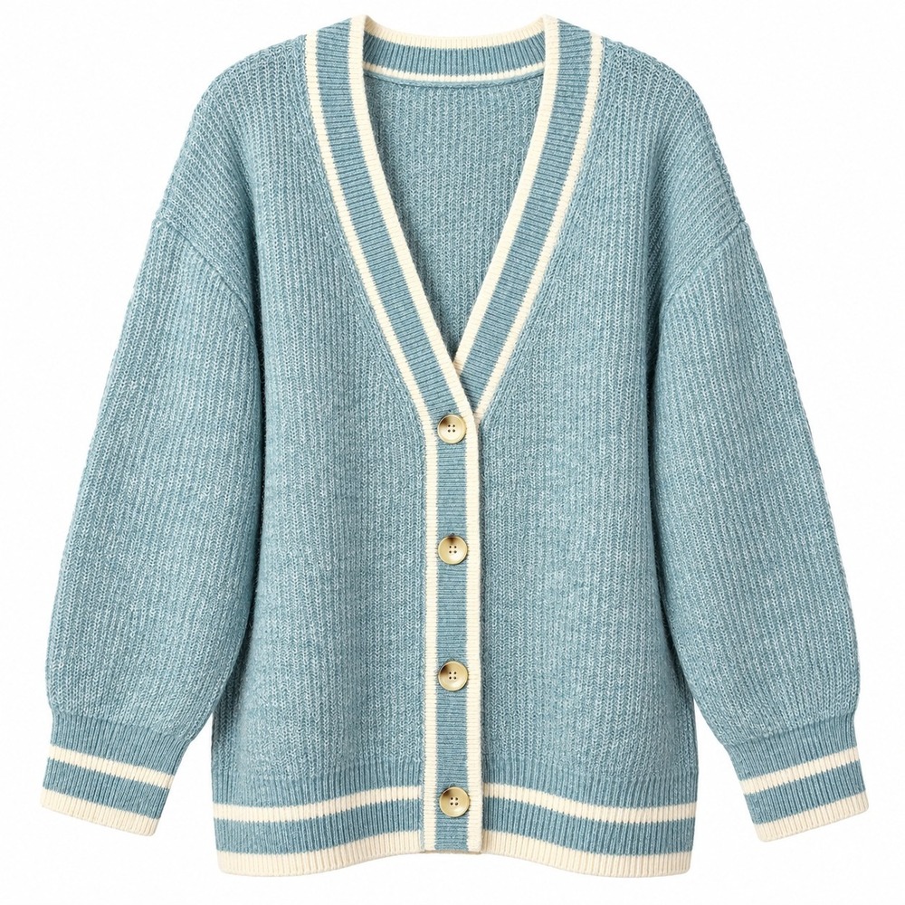 A NEW DAY Collegiate Style Ribbed Knit Cardigan Sz L Blue White Preppy Varsity
